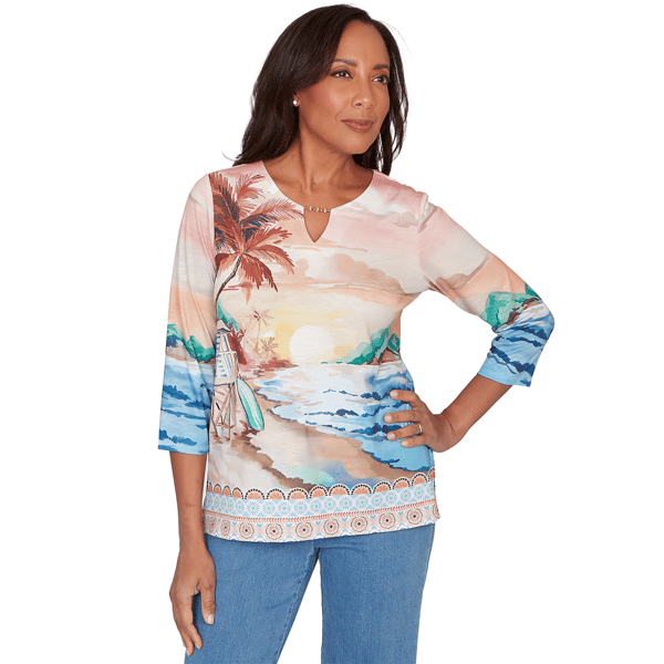 Womens Alfred Dunner Beachcomber Sunset Beach Scenic Split Neck - image 