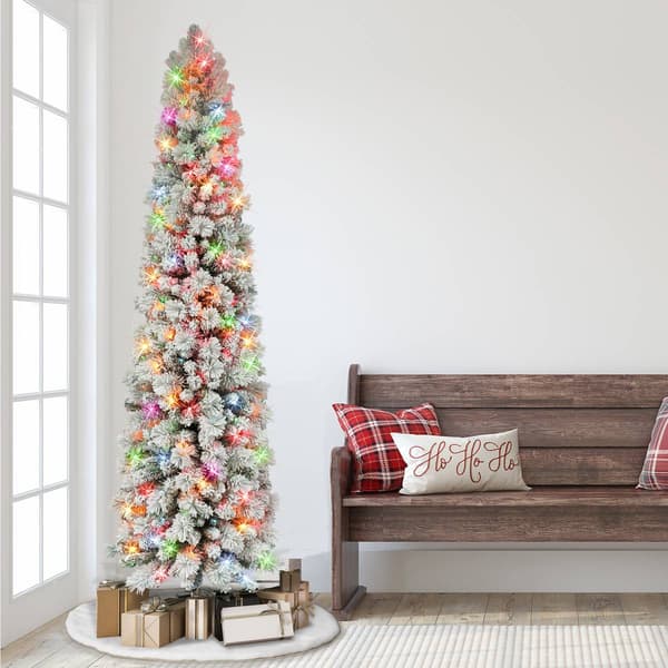 Puleo International 7.5ft. Pre-Lit Flocked Christmas Pine Tree
