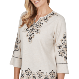 Womens Alfred Dunner Cityscape 3/4 Sleeve Embroidered Blouse