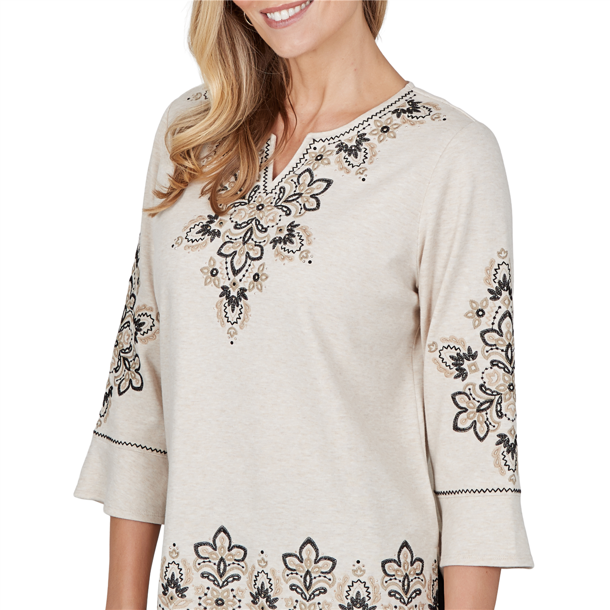 Womens Alfred Dunner Cityscape 3/4 Sleeve Embroidered Blouse