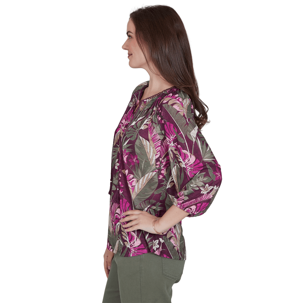 Womens Ruby Rd. Sedona Escape Tropical Tassel Neck Blouse