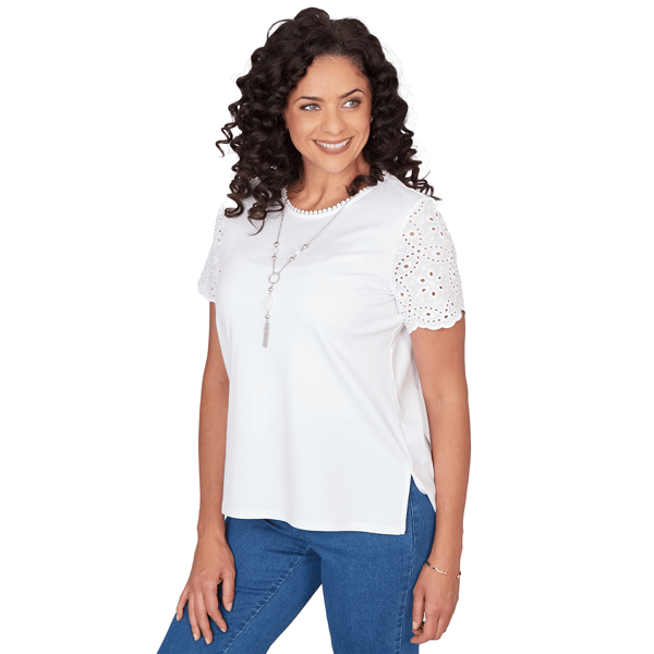 Womens Alfred Dunner Classics Short Eyelet Sleeve Solid Blouse