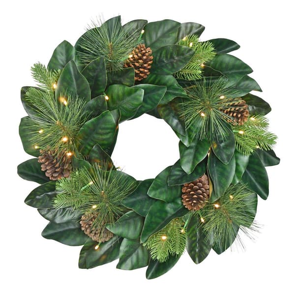 Puleo International 24in. Pre-Lit Magnolia Artificial Wreath