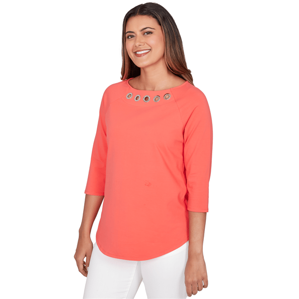 Petite Ruby Rd. Set Sail 3/4 Sleeve Grommet Neck Blouse