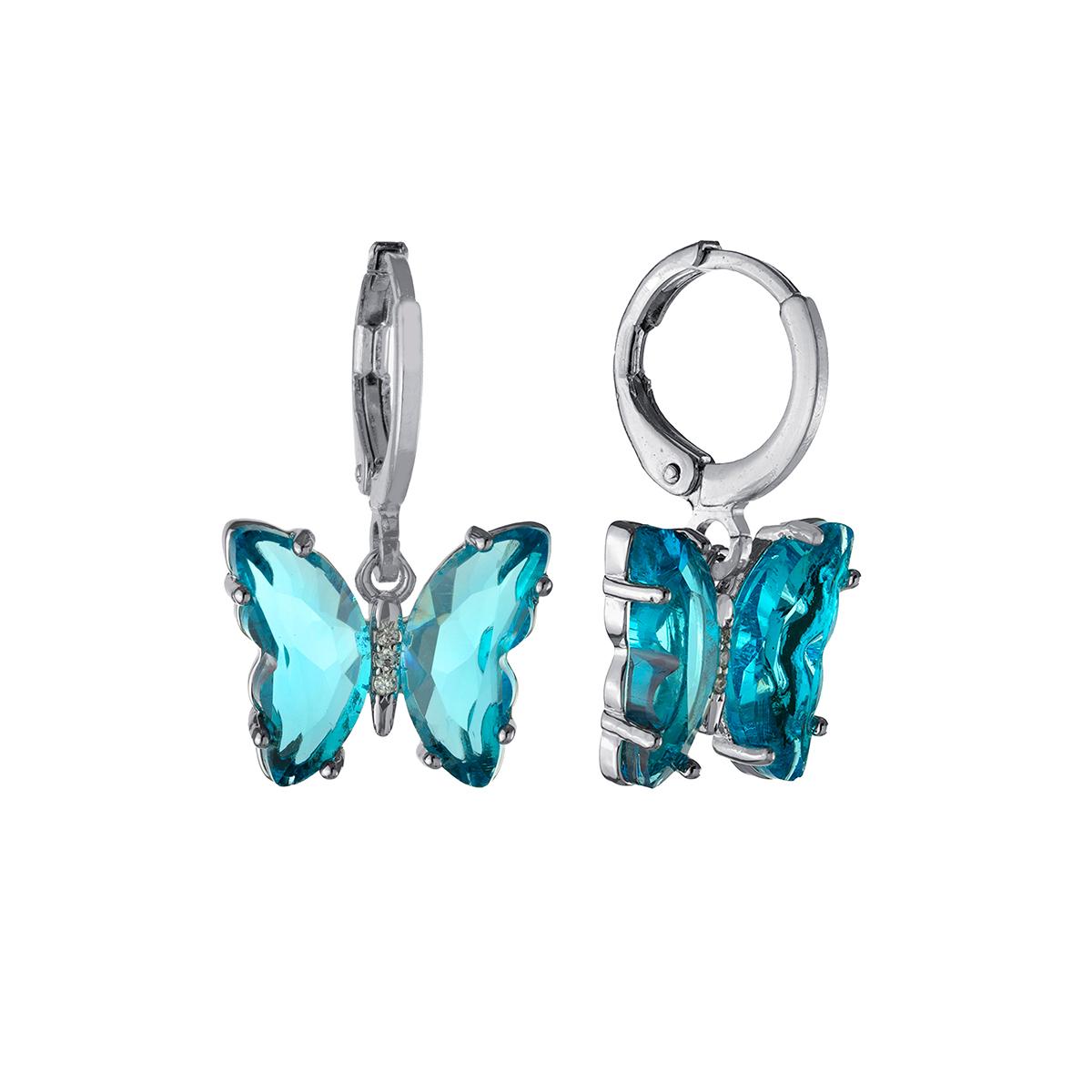 Silver Plated Aqua Colored Crystal Butterfly Drop Hoop...
