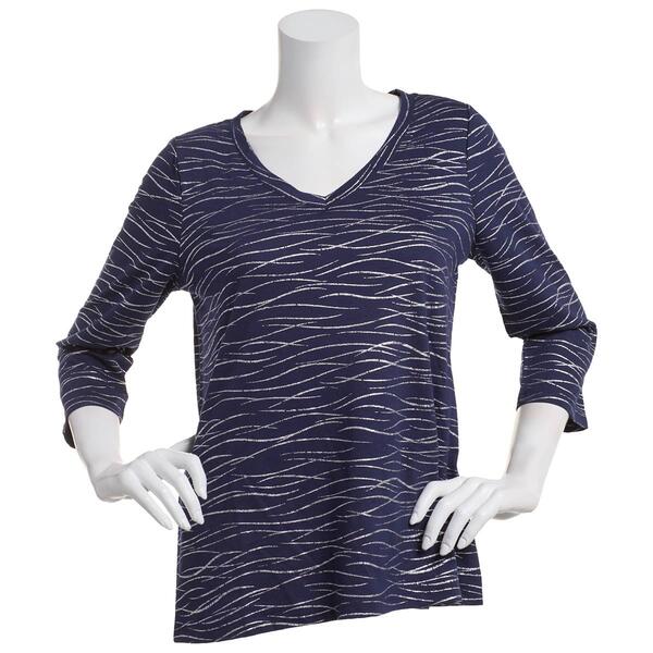 Petite Emily Daniels 3/4 Sleeve Abstract V-Neck Foil Line Tee - image 