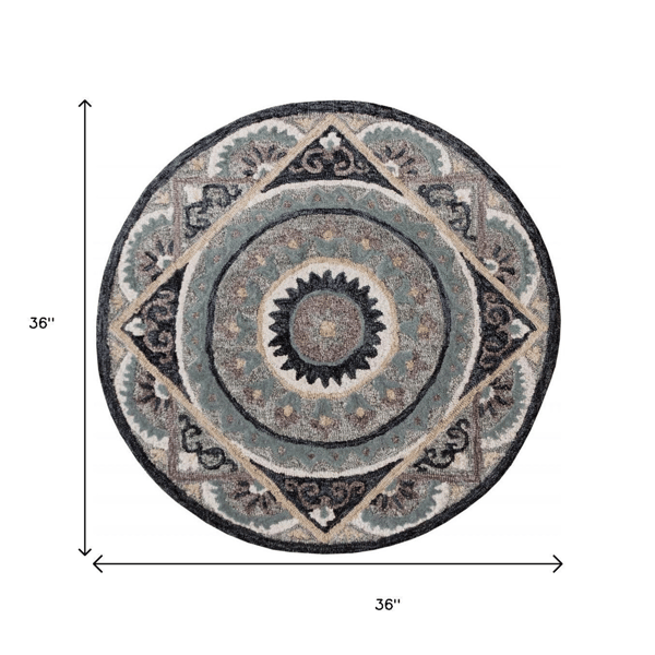 HomeRoots Round Grey Geometric Medallion Area Rug