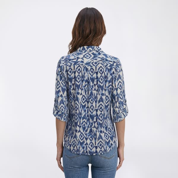 Womens Notations 3/4 Sleeve 2-Pocket Zip Ikat Jacquard Blouse