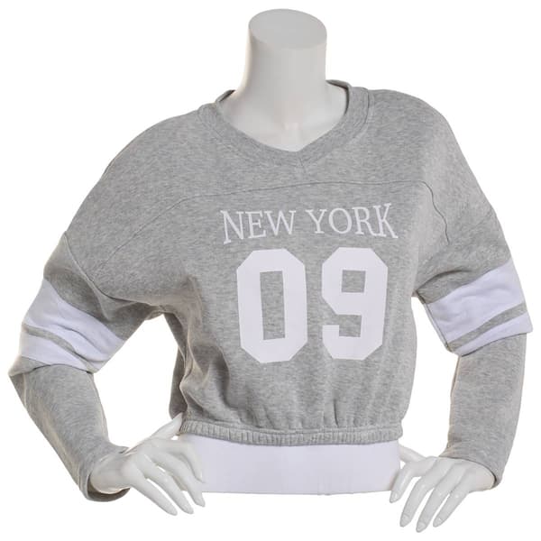 Juniors Derek Hear Stripe Sleeve New York Cropped Sweatshirt - image 