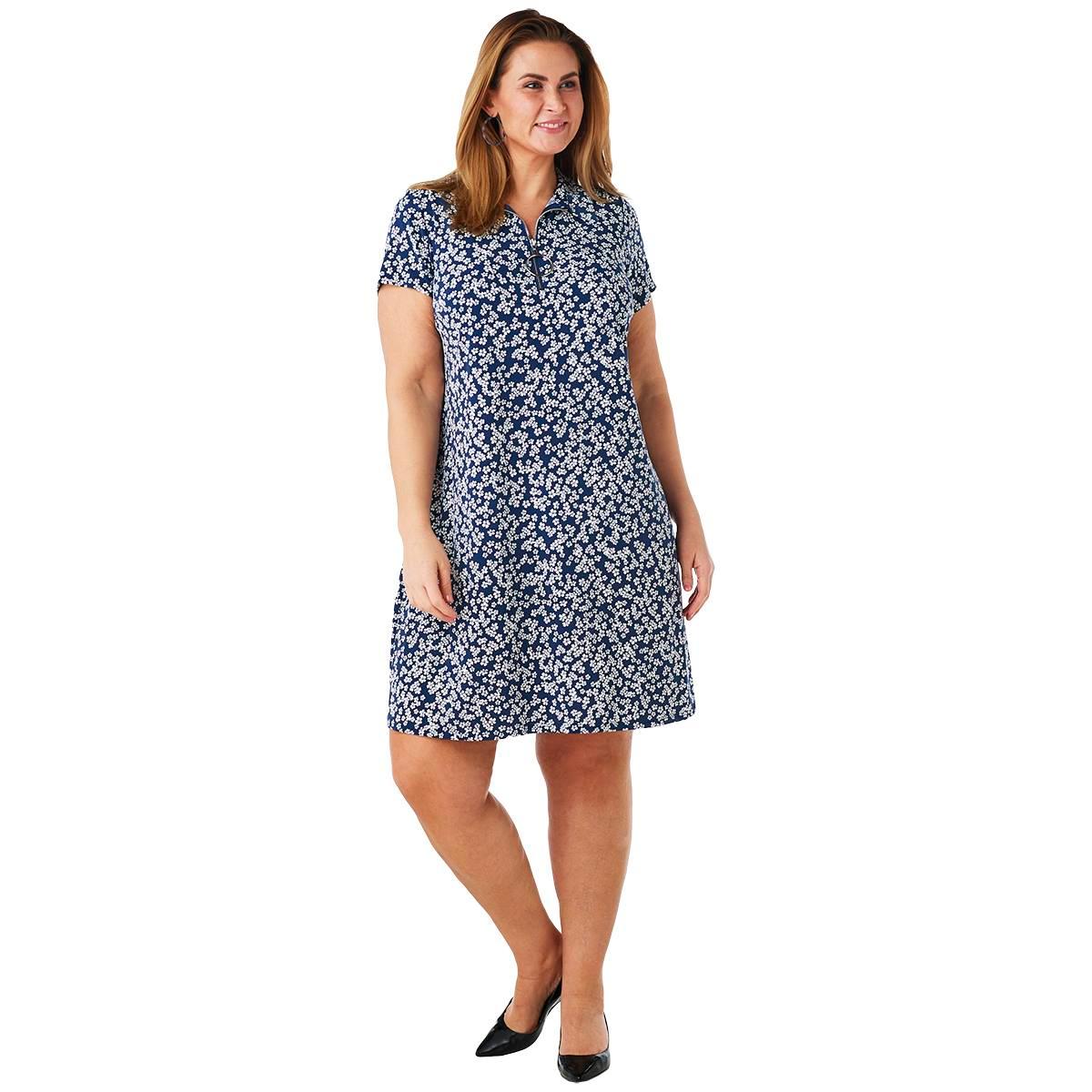 Plus Size MSK Short Sleeve Print ITY Half Zip Neck Dress