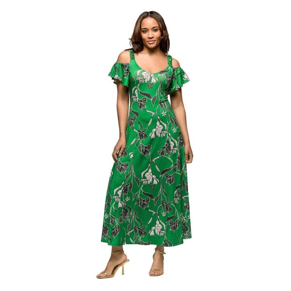 Womens 24/7 Comfort Apparel Green Floral Cold Shoulder Maxi Dress - image 