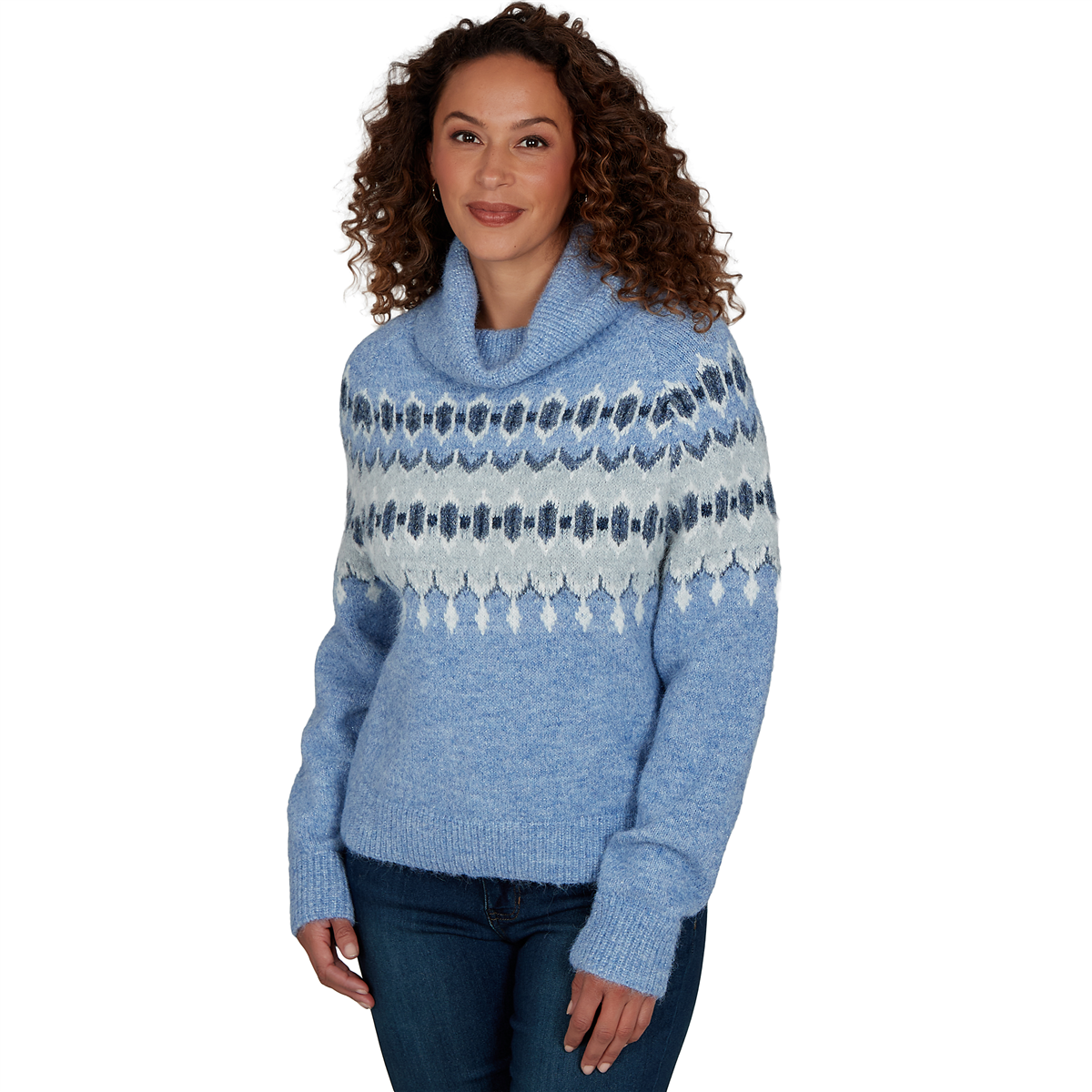 Womens Skye’s the Limit Icy Blue Sparkle Fair Isle Sweater