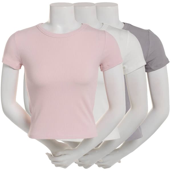 Juniors Pink Rose 3pk. Short Sleeve Crew Neck Rib Tee - image 