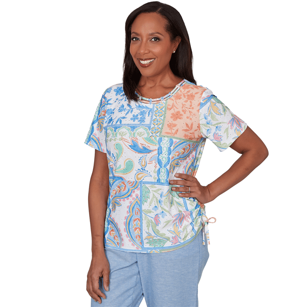Petite Alfred Dunner Caribbean Blues Patchwork Paisley Blouse