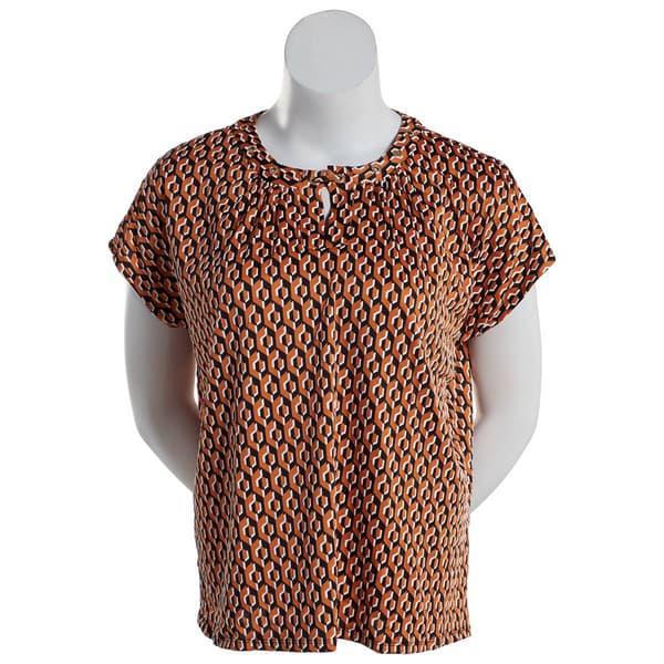 Plus Size Notations Short Sleeve Geometric Grommet Neck Blouse - image 