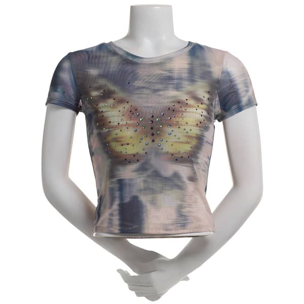 Juniors Madden Girl Short Sleeve Print Butterfly Stud Mesh Top