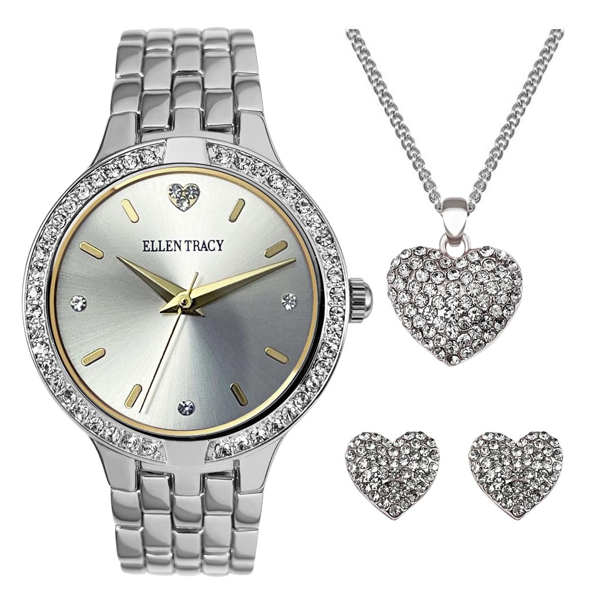 Ellen Tracy Silver Crystal Watch Pendant. & Earrings Set