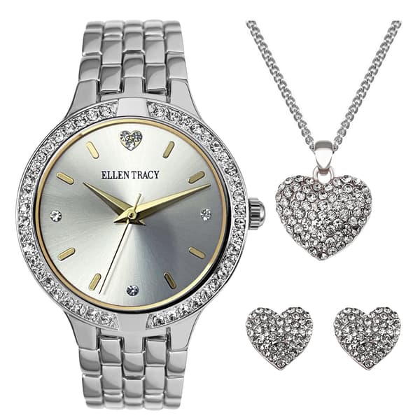 Ellen Tracy Silver Crystal Watch Pendant. & Earrings Set - image 