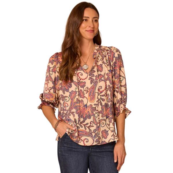 Womens Democracy 3/4 Sleeve Honeycomb Embroided Printed Woven To - image 