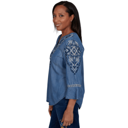 Petite Alfred Dunner Tuscany 3/4 Sleeve Embroidered Henley Blouse