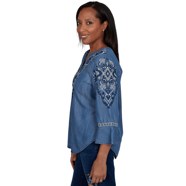 Petite Alfred Dunner Tuscany 3/4 Sleeve Embroidered Henley Blouse