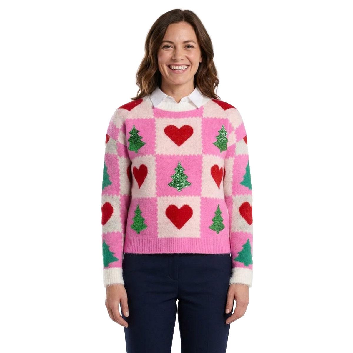 Womens 99 Jane Street Long Sleeve Sequin Tree Heart Sweater