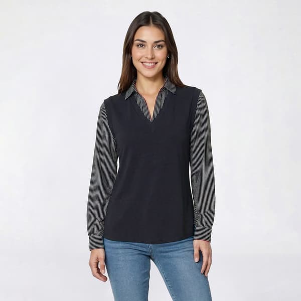 Womens Adrianna Papell Long Sleeve Small Stripe Two In One Blouse - image 