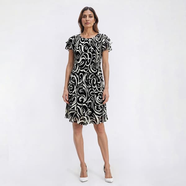 Womens Ninety Clothing Flutter Sleeve Scroll Pleated Shift Dress