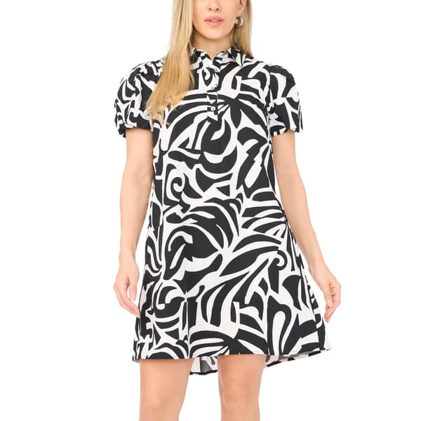 Petite MSK Short Puff Sleeve Abstract 1/4 Button Shift Dress