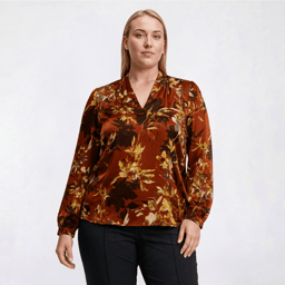 Plus Size Kasper Long Cuff Sleeve V-Neck Floral Satin Blouse