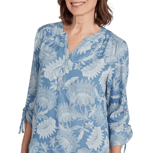 Petite Alfred Dunner Classics Split Neck Floral Tie Sleeve Blouse
