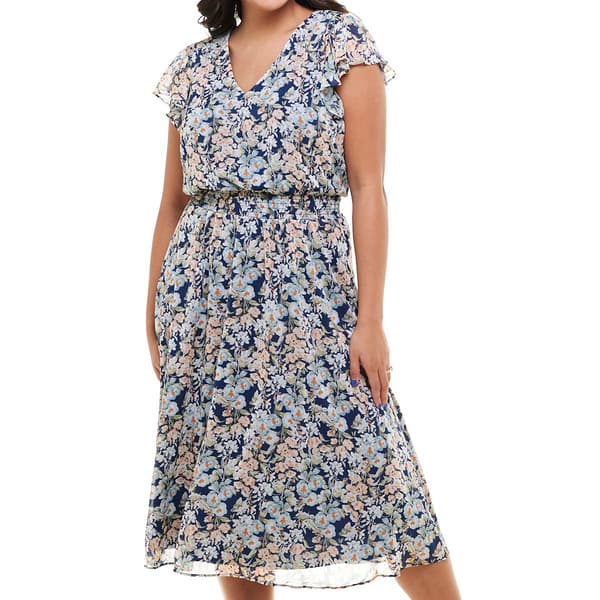 Petite MSK Flutter Sleeve V-Neck Floral Chiffon Midi Dress