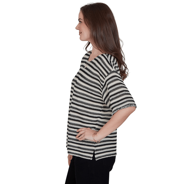 Womens Ruby Rd. Tropical Noir Texture Stripe Fringe Sleeve Blouse