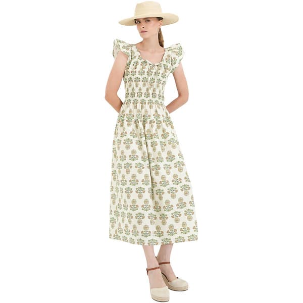Womens MNK Ruffle Sleeve Smock Waist Fit & Flare Dress