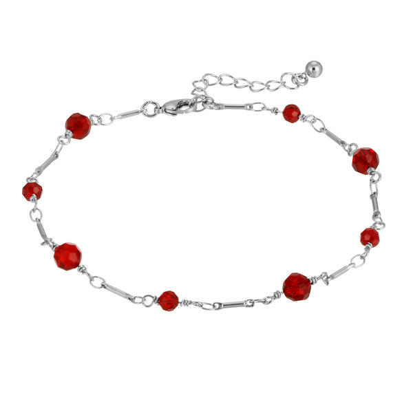 1928 Silver Tone Red Beaded Chain Ankle Bracelet - image 