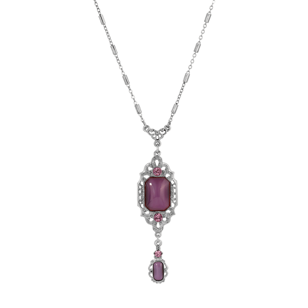 1928 Silver-Tone Purple Moonstone Bead Drop Pendant - image 