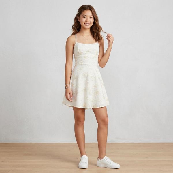 Juniors Emerald Sundae Embroidered Lace Up Back Skater Dress