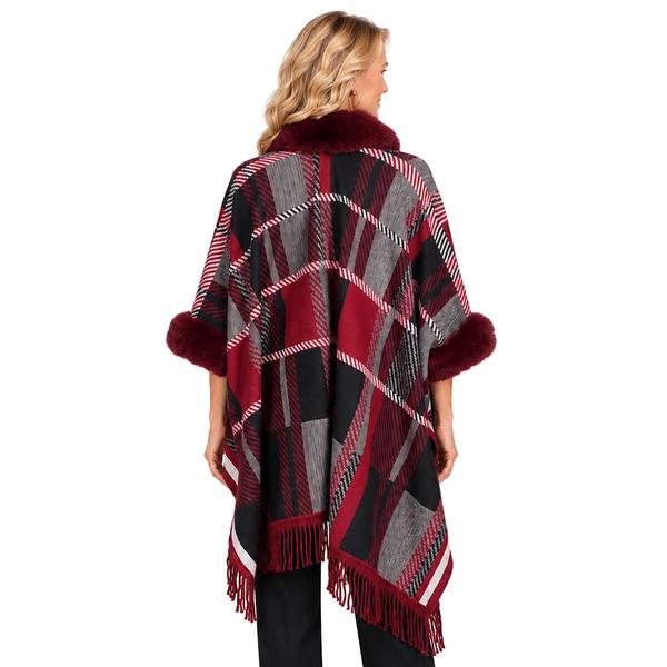 Plus Size Ali Miles Faux Fur Trim Plaid Open Front Cape