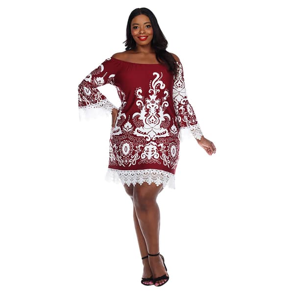 Plus Size White Mark Damask Lace Trimmed Shift Dress - image 