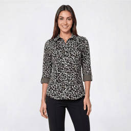 Petite Emily Daniels 3/4 Roll Sleeve Leopard Button Down