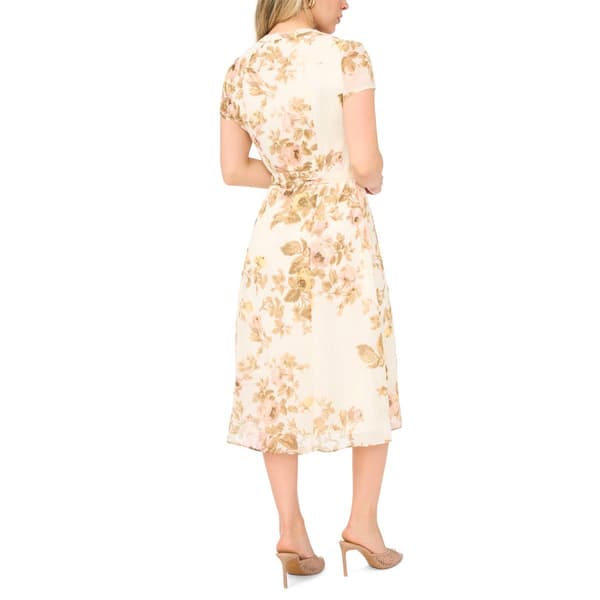 Petite MSK Short Sleeve Floral Chiffon Pintuck Midi Dress