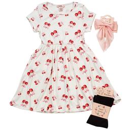 Girls (4-6x) Sweet Stories Cherry Bow Dress w/ Tights & Bow