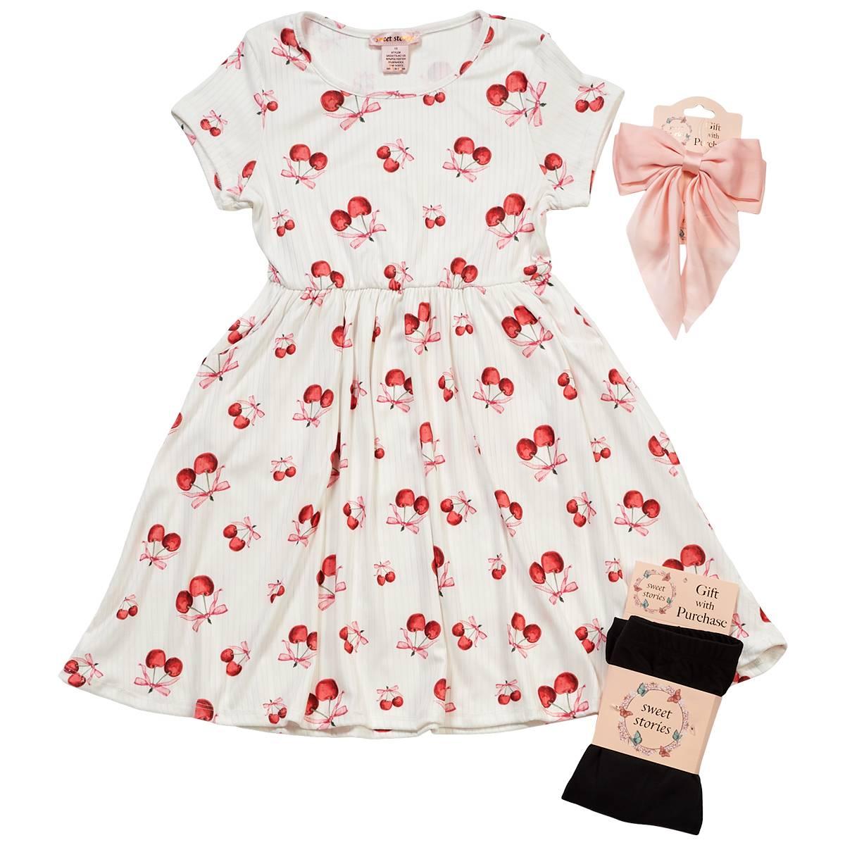 Girls (4-6x) Sweet Stories Cherry Bow Dress w/ Tights & Bow