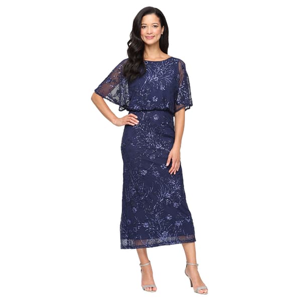 Womens SLNY Blouson Sequin Mesh Tea Length Midi Dress - image 