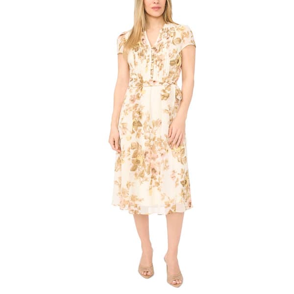 Petite MSK Short Sleeve Floral Chiffon Pintuck Midi Dress - image 