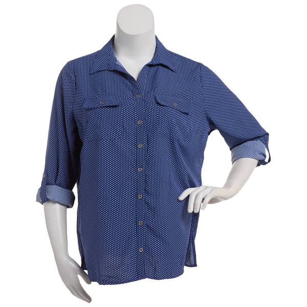 Plus Size Notations 3/4 Sleeve Silky Dot Button Down Blouse - image 