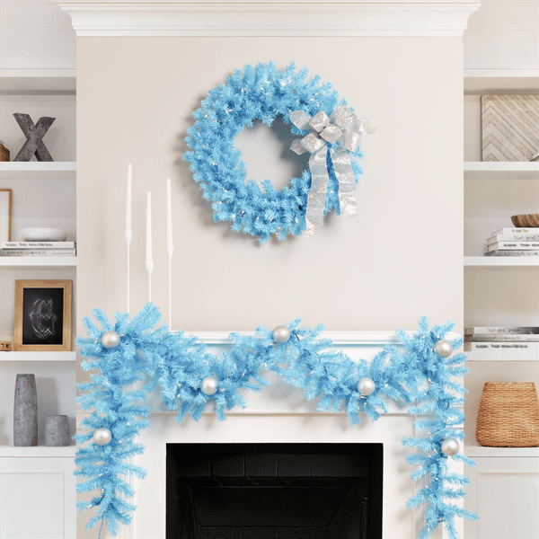 Northlight 24in. Pre-Lit Sky Blue Pine Christmas Wreath
