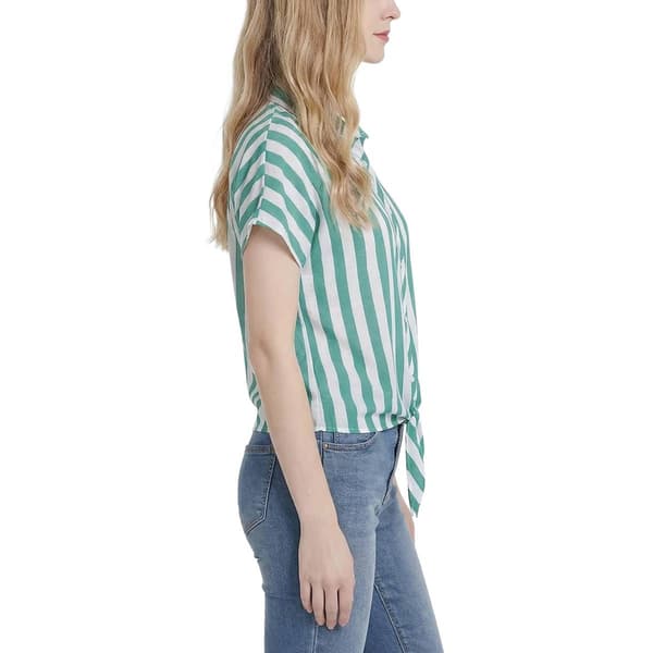 Petite NY Collection Short Sleeve Tie Front Stripe Blouse