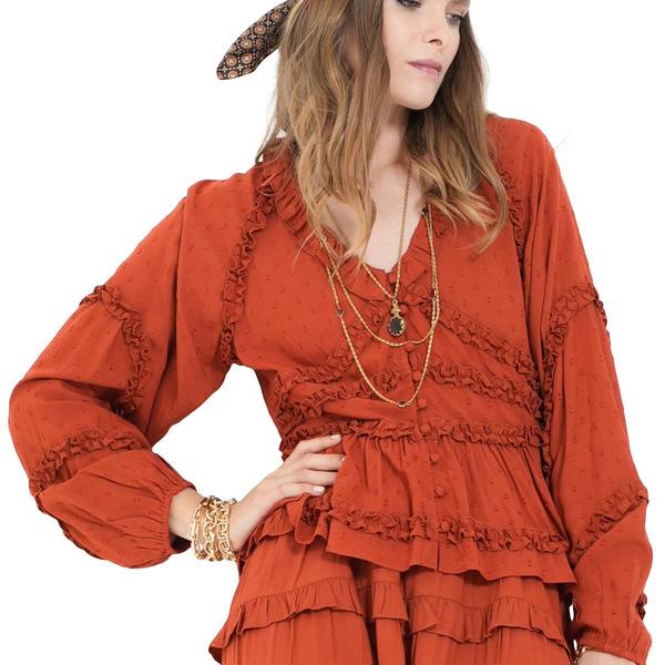 Womens MNK Long Sleeve V-Neck Swiss Dot Ruffle Blouse