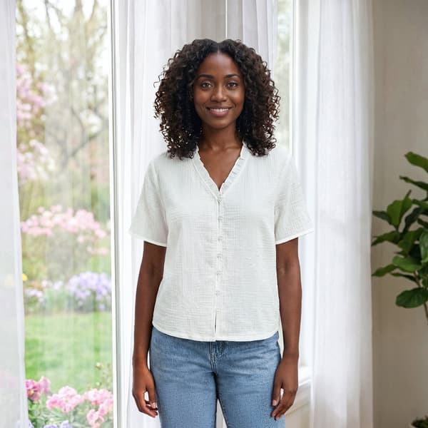 Womens Nicole Miller Ruffle Sleeve V-Neck Embroidered Blouse